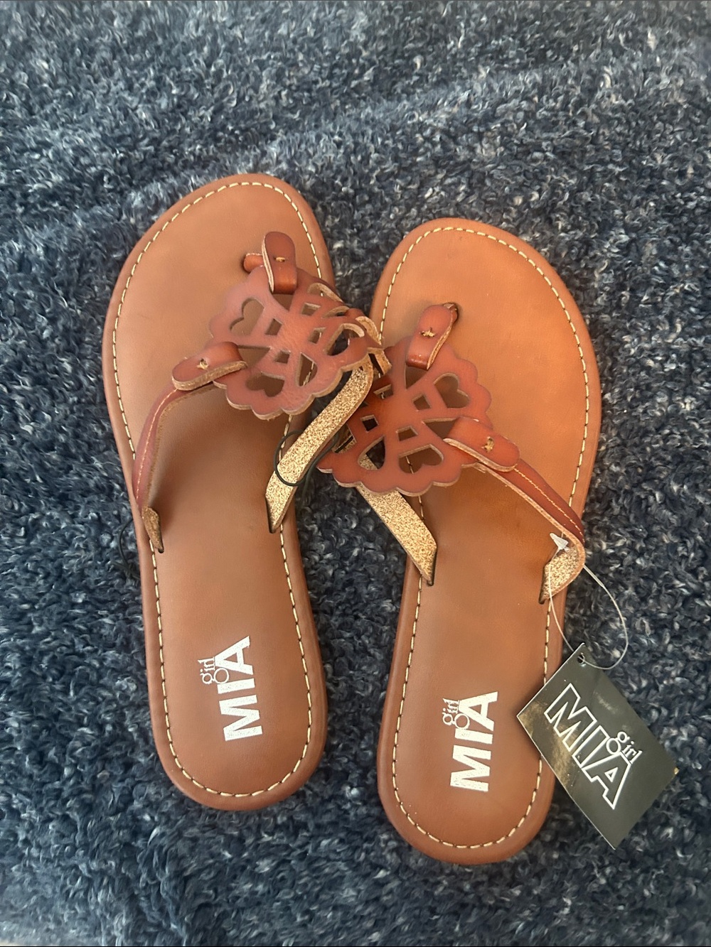 MIA Brown Floral Cutout Thong Sandals with Gold Straps